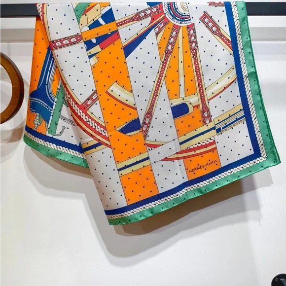Hermes Orange and Blue Striped Scarf with Wheel Motif - Picture 5 of 6